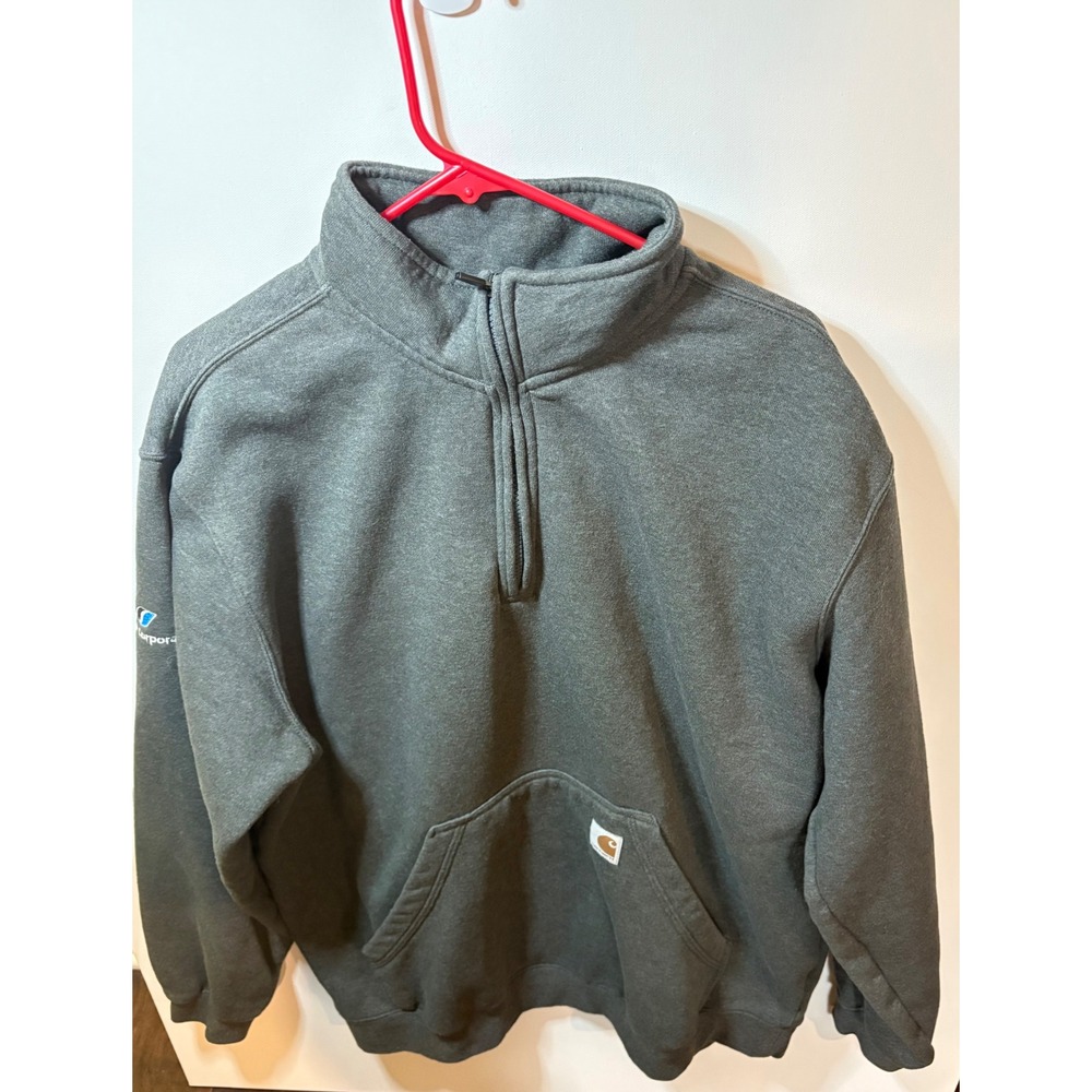 Carhartt Men XL Quarter Zip Pullover Gray Sweatshirt Corporate Logo Sleeve
